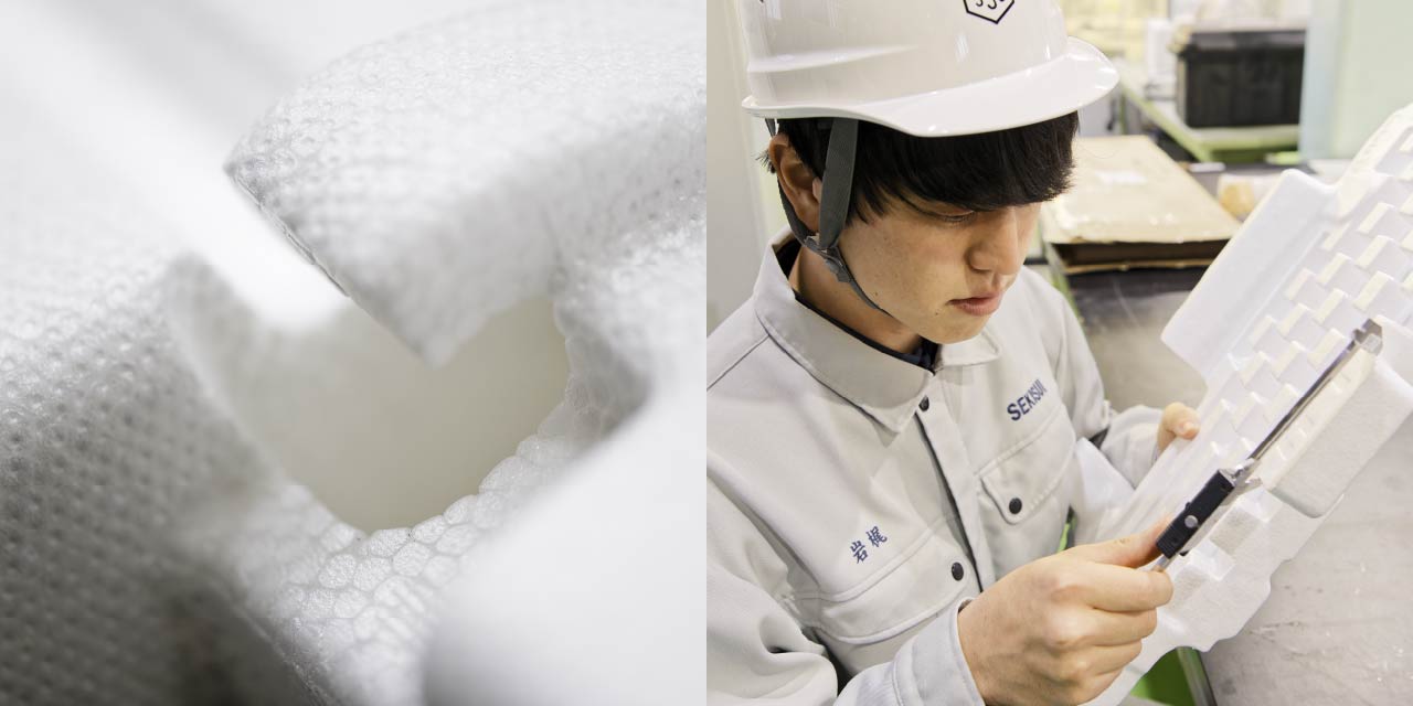 ピオセラン成型品の複雑な立体形状部分のクローズアップとピオセラン成形品の仕上がりをチェックする技術者